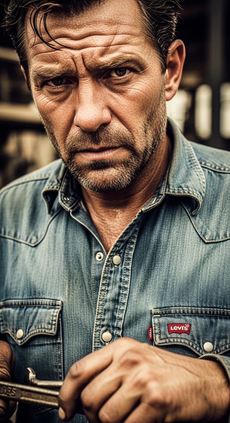 AI generated: A retro vintage image, extreme close up of a working blue collar man, he wears levis branded clothes