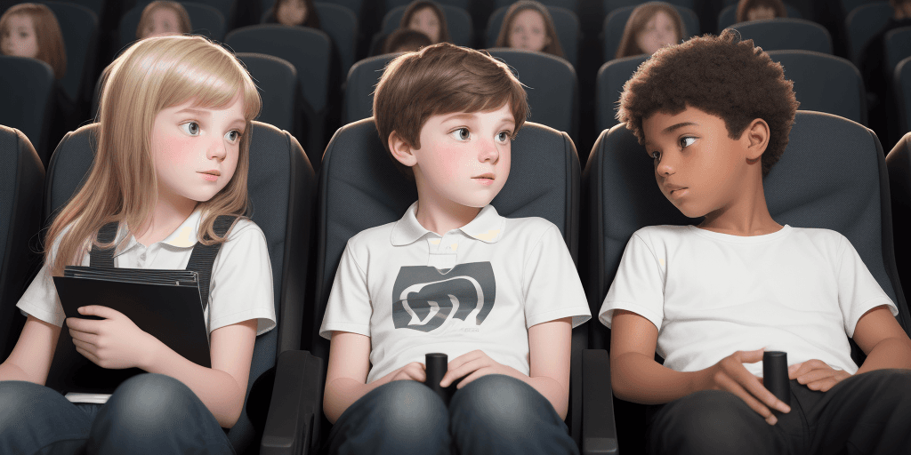 AI generated: Create a graphic of a white grade schooler and a black grade schooler talking in the movie theater