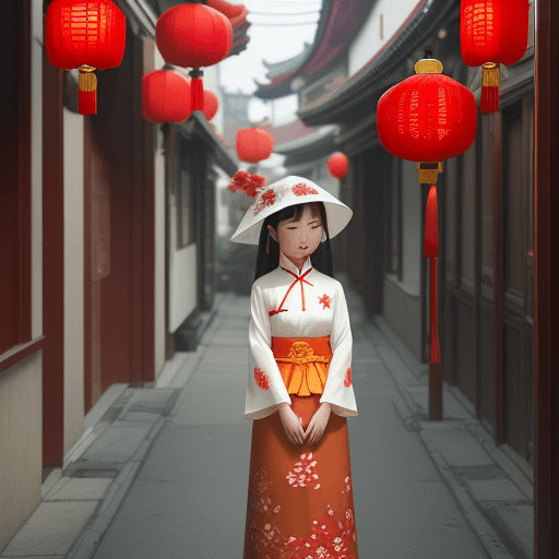 AI generated: girl stands in a red flower surrounded street, in the style of chinese cultural themes, romantic and...