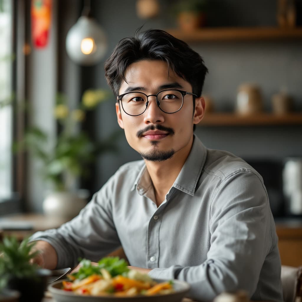 AI generated: realitic ultra photo of a handsome Asian man wearing prescription eyeglasess, smart looking, detaile...
