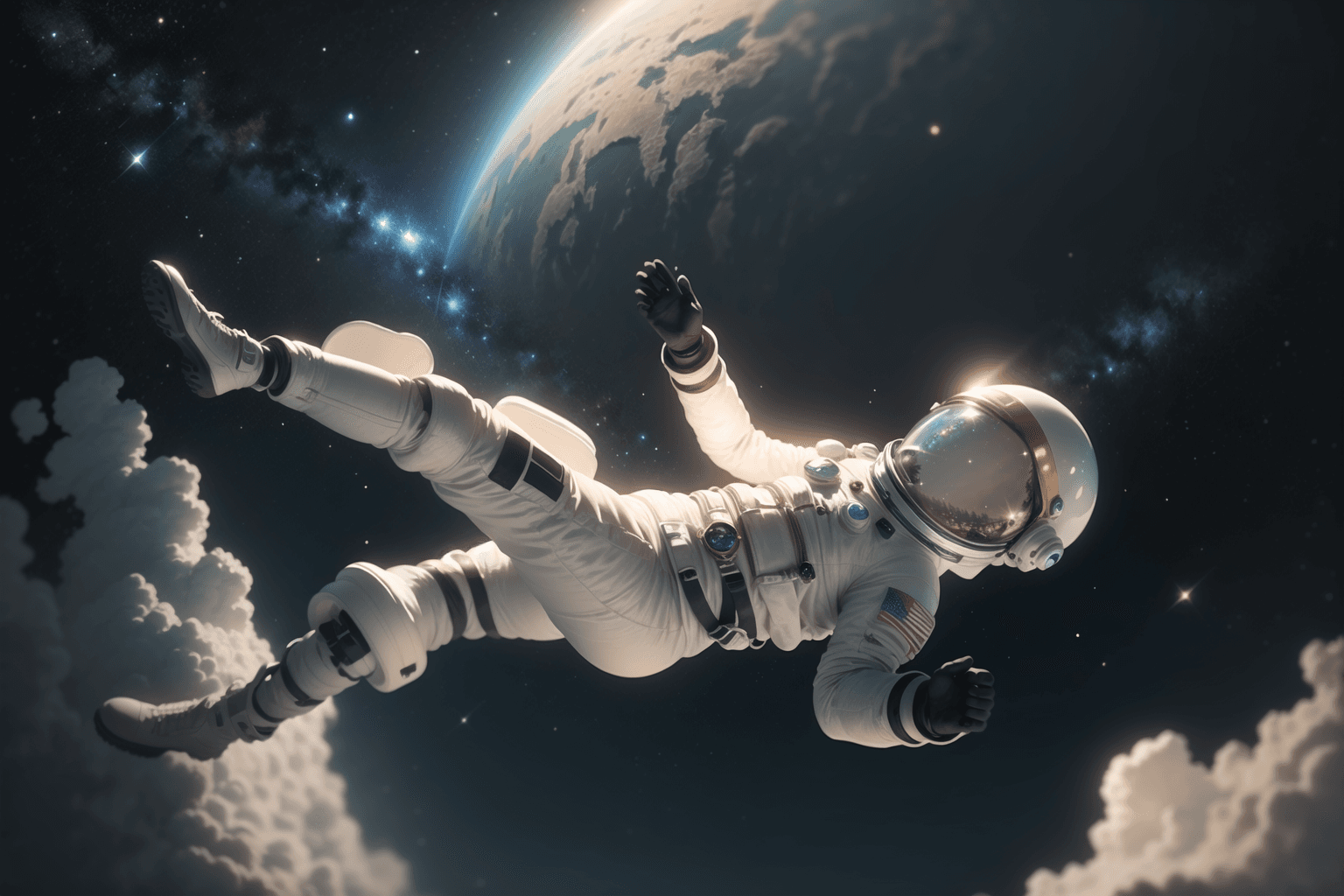 AI generated: 1 astronaut, space suit, helmet, floating, starry background, spaceship foreground, hazel eyes, brow...