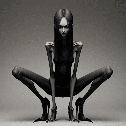 AI generated: very skinny slender girl, with long curved claws, with skinny legs and long skinny calves in high he...