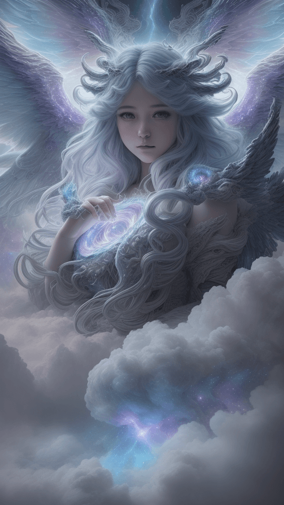 AI generated: (((closeup (HDR) A celestial war unfolded in the ethereal as thick cloud formed an awe-inspiring myt...