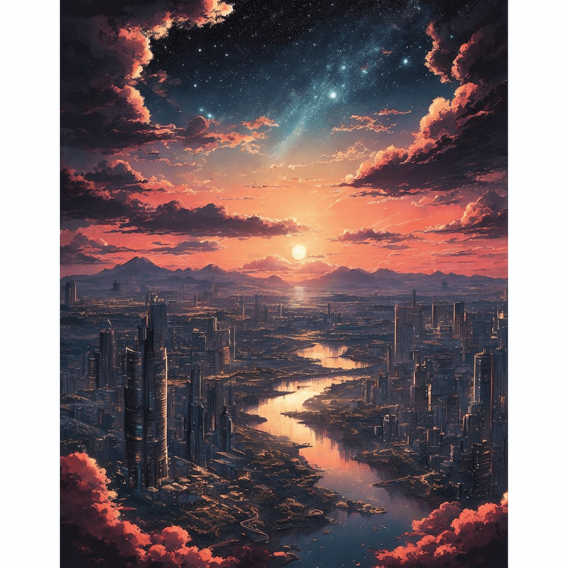 AI generated: immense sky, far view, far from the city, girl next door outfit, manga style, studio painting clip s...