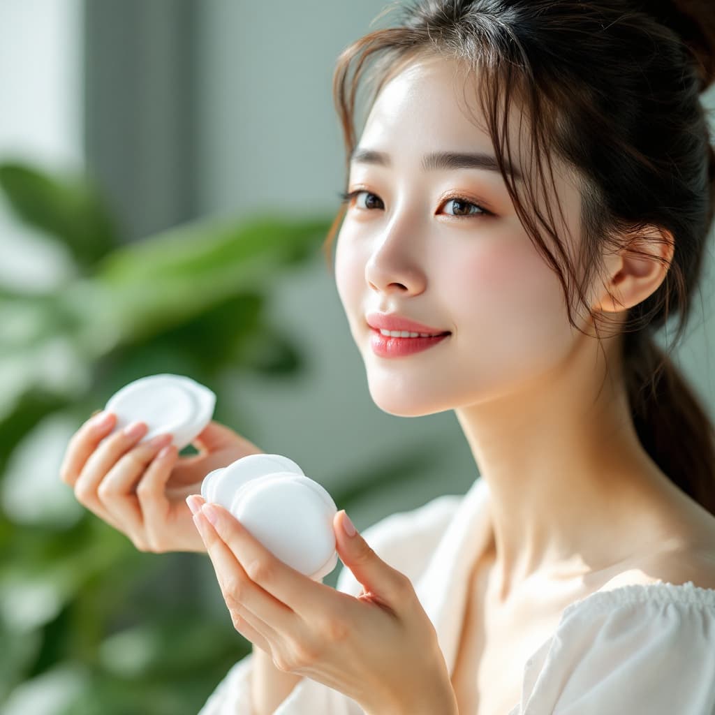 AI generated: korean skincare routine, asian woman is using some skincare pads, realistic, bright image