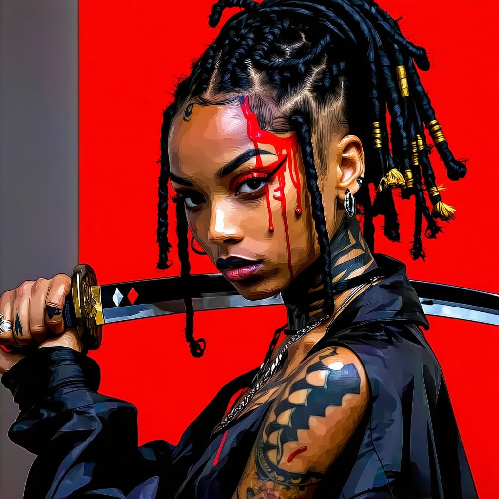 AI generated: Editorial Vivienne Tam photography of a gothic punk rebel African American[woman]  with locs with ne...