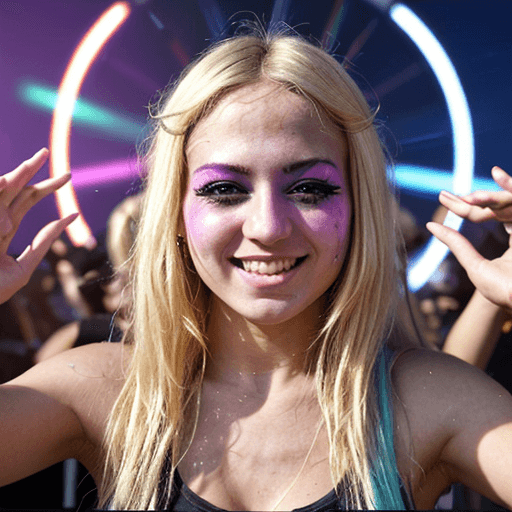 AI generated: melodic techno rave music inspired, , blonde girl, rave girlexpressive face, sun flares on her happy...