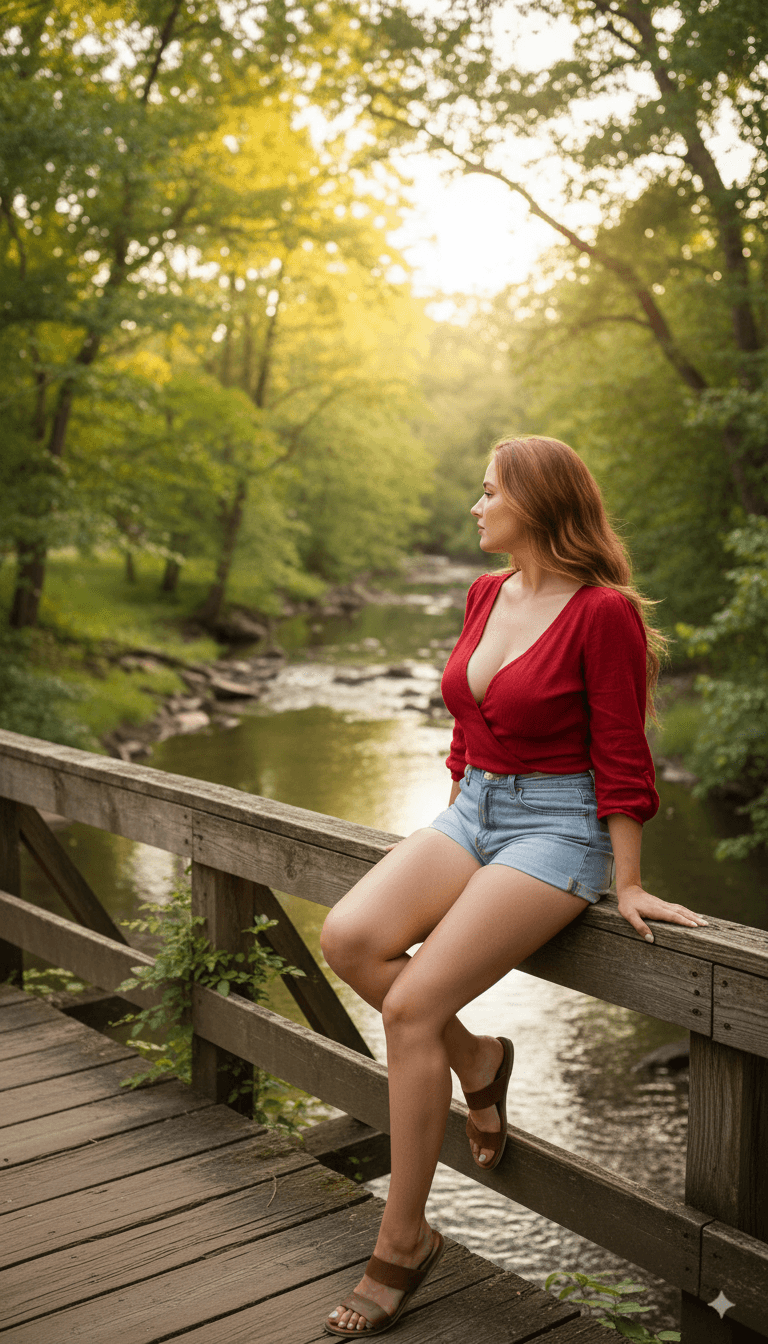 AI generated: A woman sits on the railing of a bridge overlooking a serene creek, its waters reflecting the warm s...