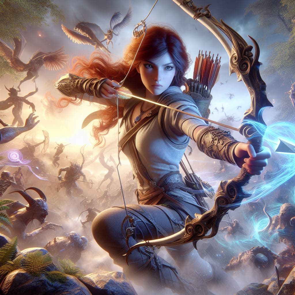 AI generated: a dynamic, action-packed composition featuring Neith wielding her powerful bow and weaving threads o...