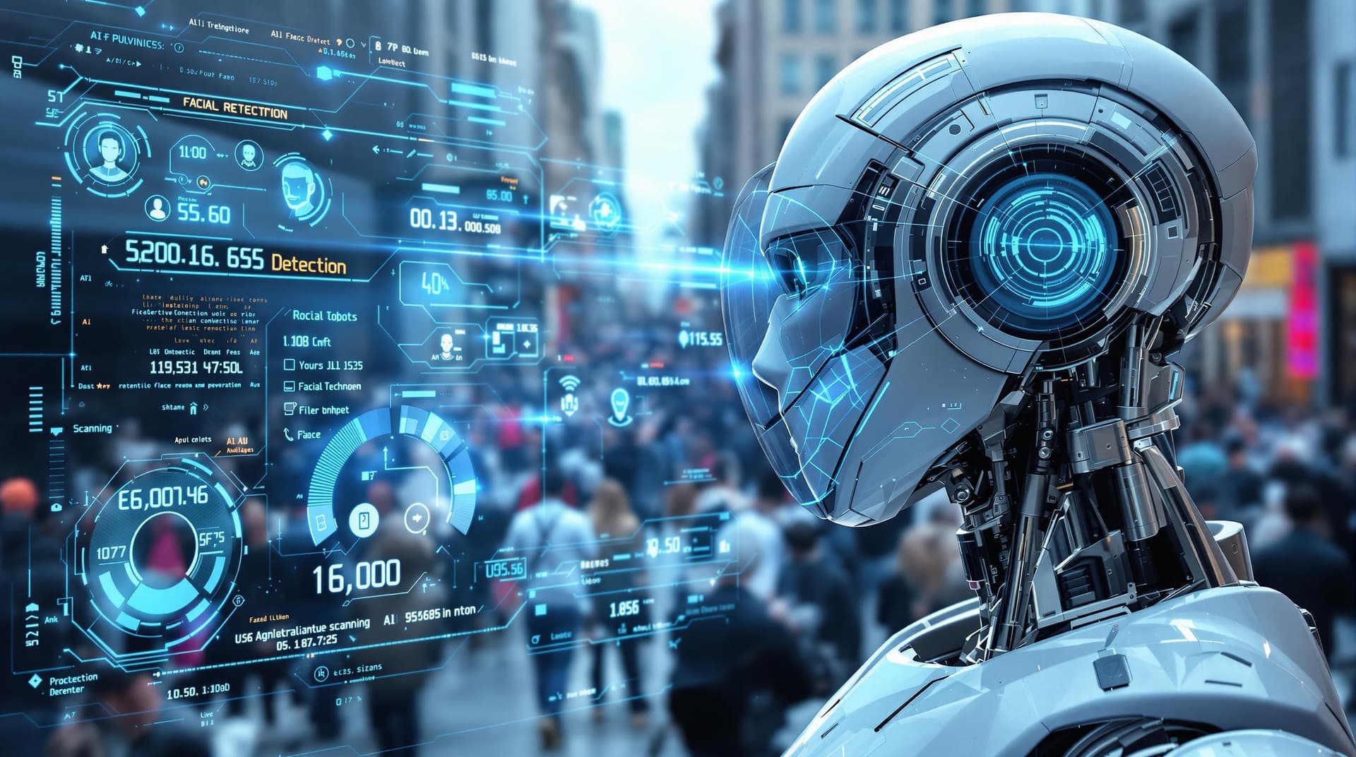 AI generated: "A high-tech AI surveillance robot scanning a city crowd with an advanced facial recognition system....