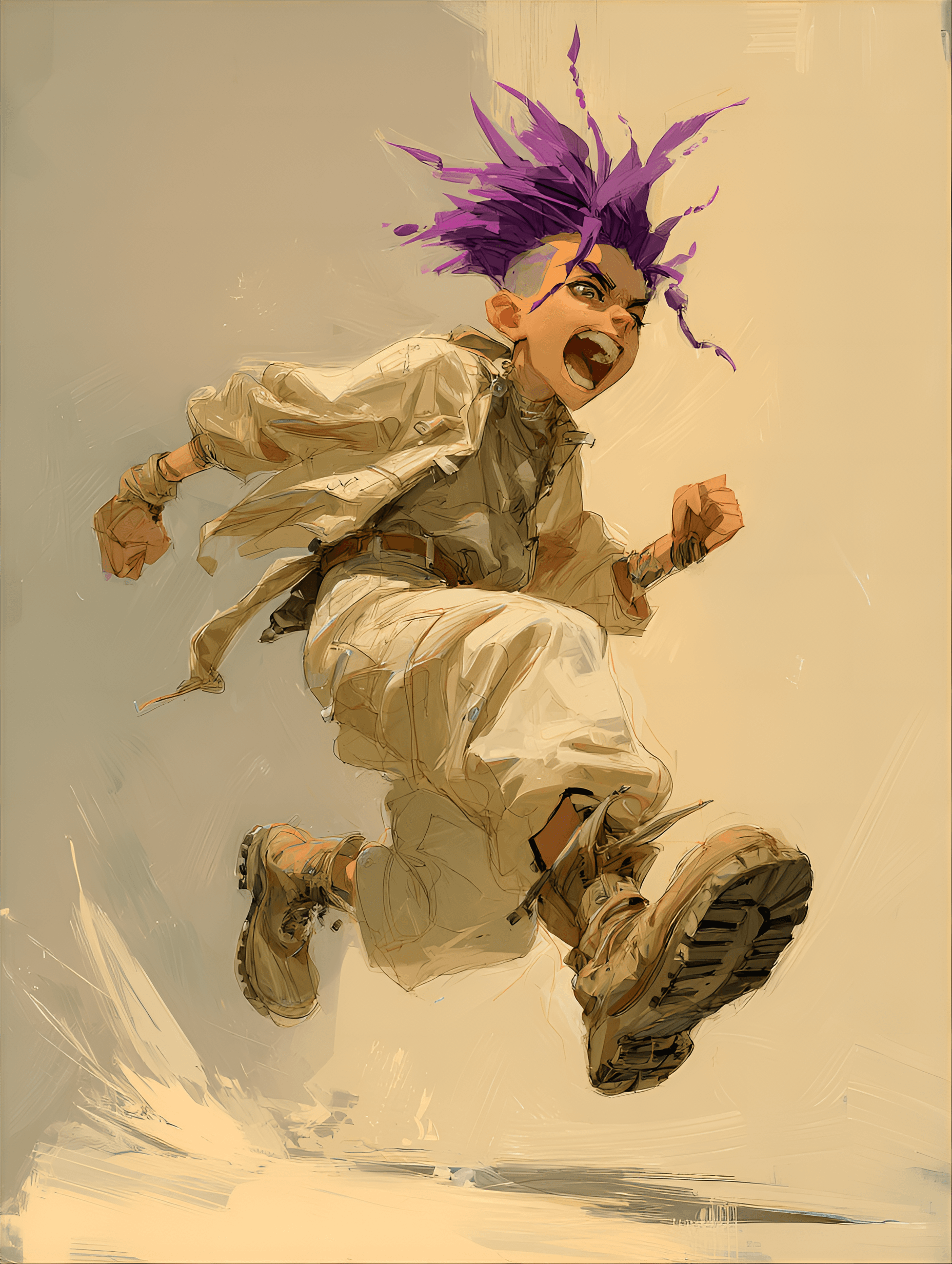 AI generated: Young,  female character with spiky, vibrant purple mohawk,  likely pre-teen or early teen,  with ro...