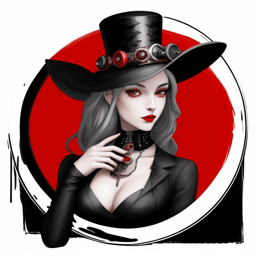 AI generated: a painting of a woman in a black hat, in the style of color splash, dark silver and red, steampunk, ...