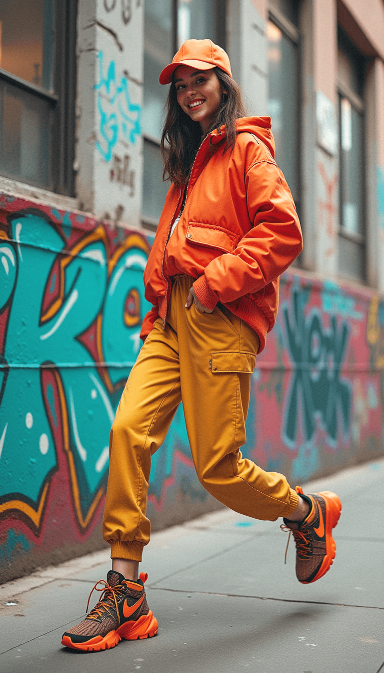 AI generated: A young woman in a vibrant orange outfit, including a hooded bomber jacket, jogger pants, and an ora...