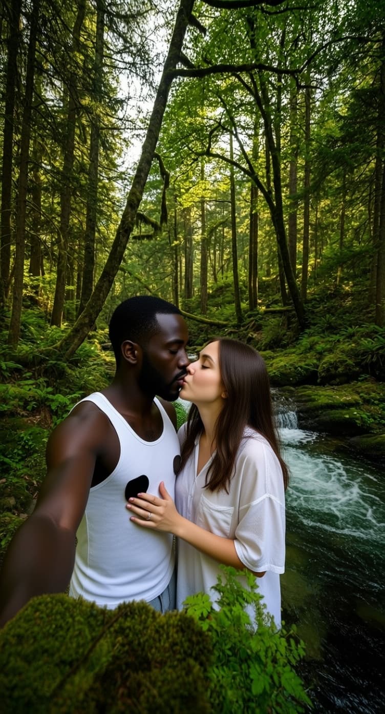 AI generated: She's kissing a black guy while his touching her breast 