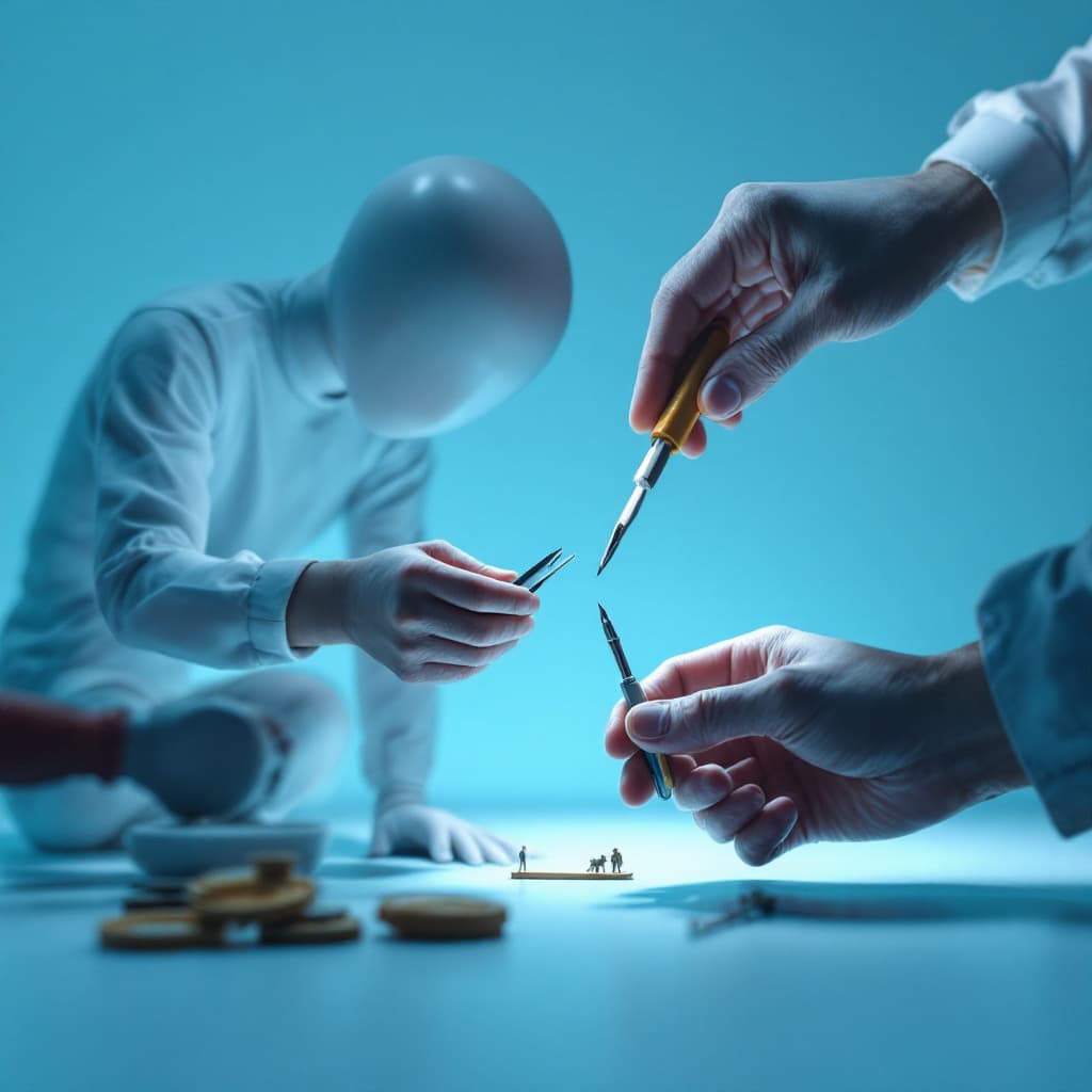AI generated: PEOPLE, picking tools bright studio light, blue background, minimalist, miniature computer photograp...