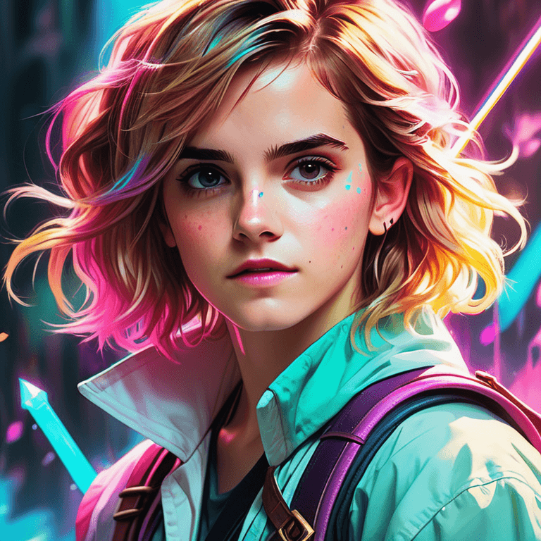 AI generated: Emma watson, Lighting and shading by Ross Tran, Close up, colorful, hand drawn, vibrant pastel color...