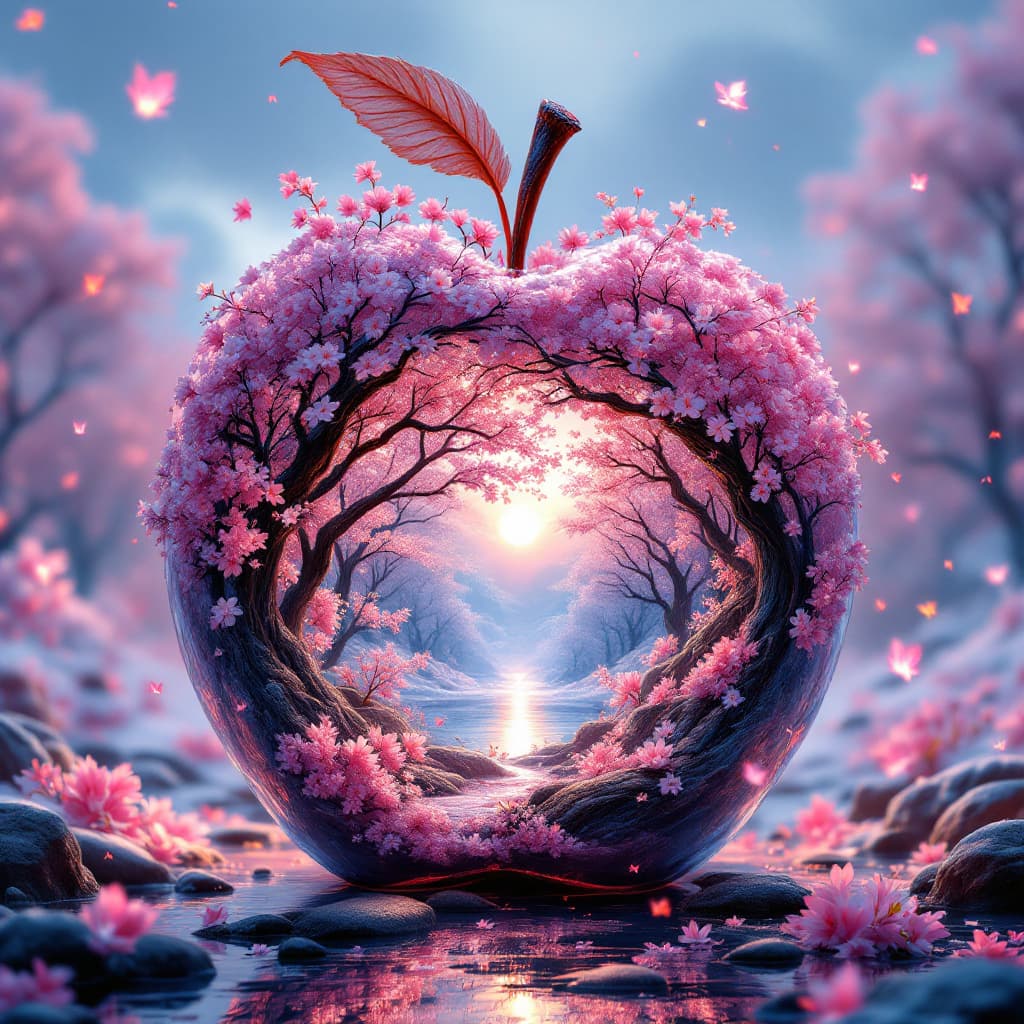 AI generated: beautiful cherry blossom winter summer and spring fantasy world inside of a crystal apple, hyperdeta...