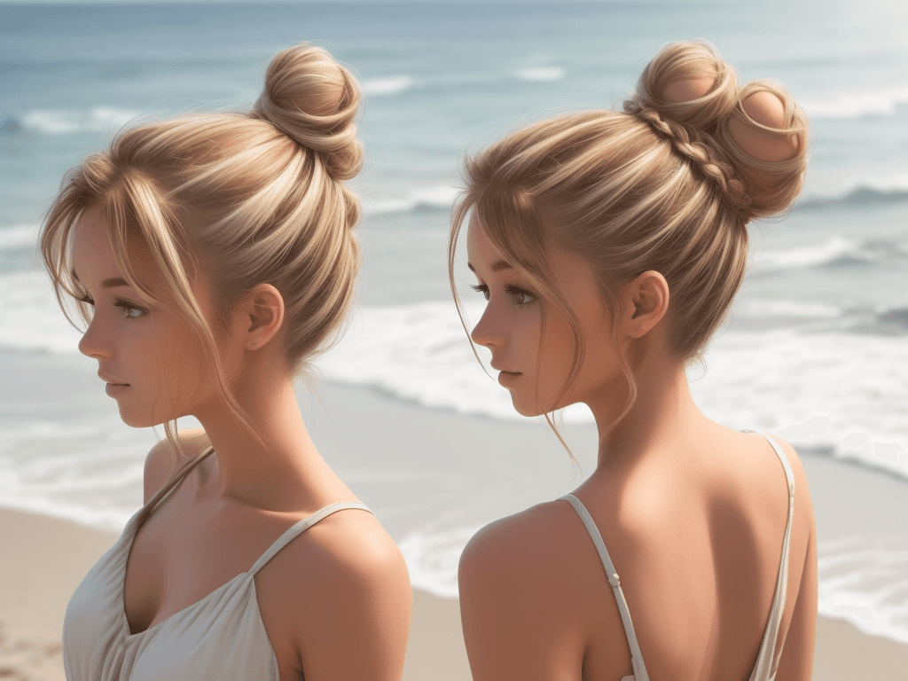 AI generated: A beatiful girl, messy bun brown with blonde highlights hairstyle, casually standing, beach outdoor ...