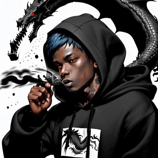 AI generated: in the style of a black and white  ink drawing, a  dark-skinned dude wearing a black hoodie with sho...