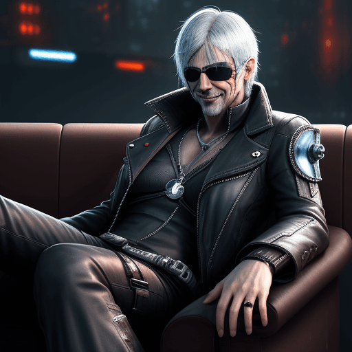 AI generated: Kapiszon, Cyberpunk, Middle aged man, Silver hair, Devious smile, Sitting on a couch, High Tech Sung...