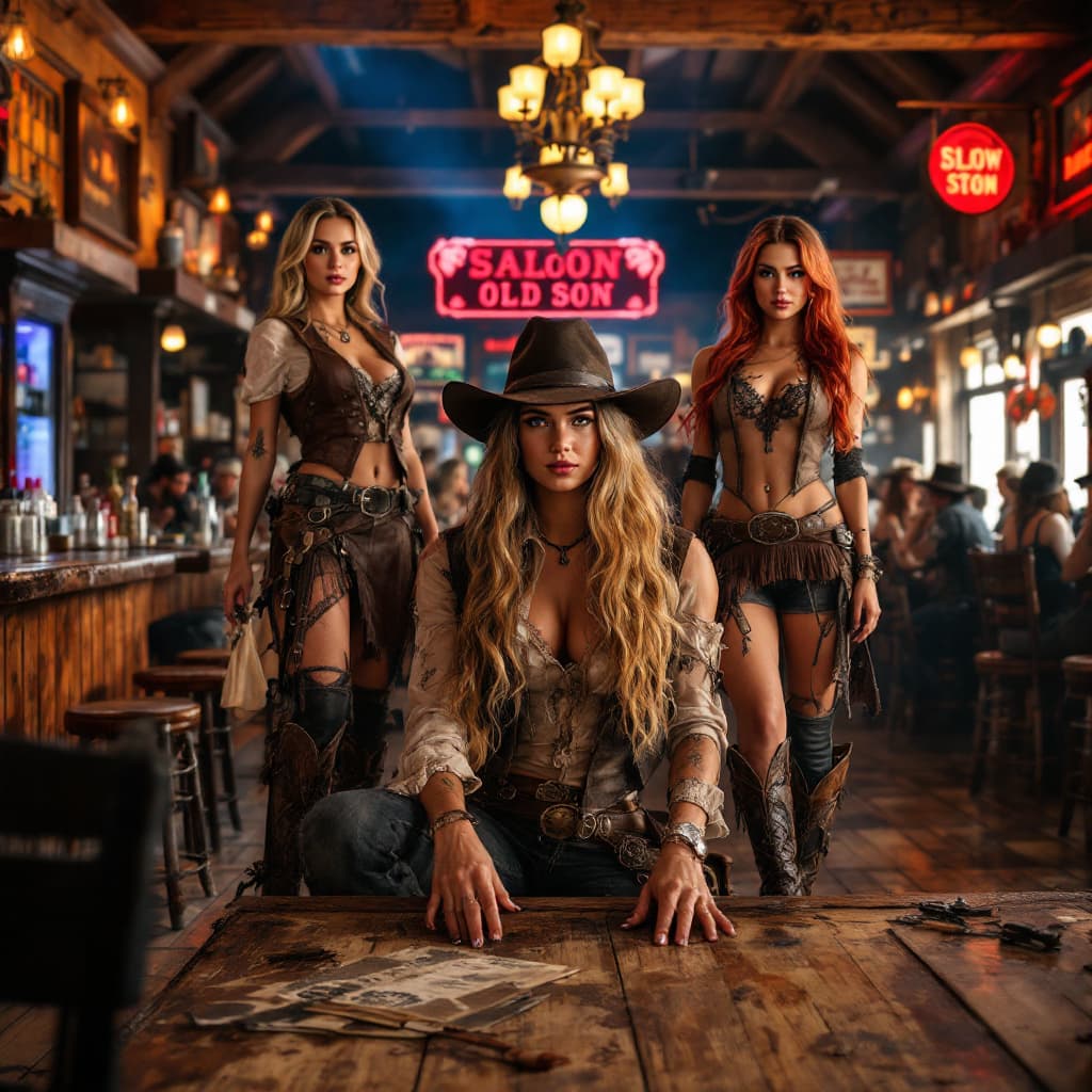 AI generated: wide view of a saloon. A Vibrant Old West saloon filled with lively patrons and lovely old west fema...