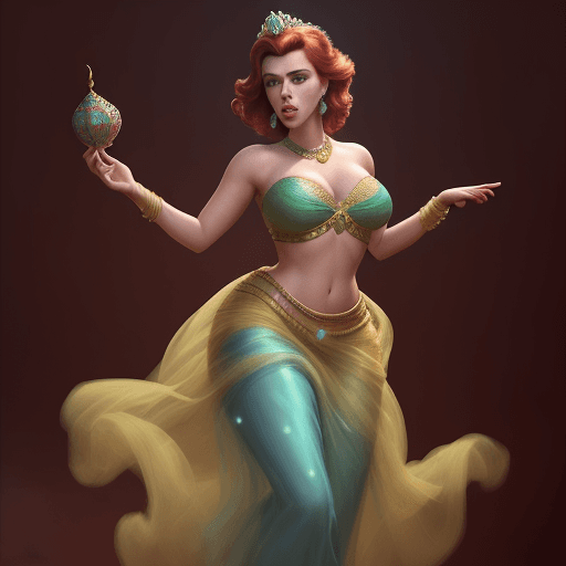 AI generated: Scarlett Johansson dressed as Disney's Princess Jasmine, full body, hyper-realistic image