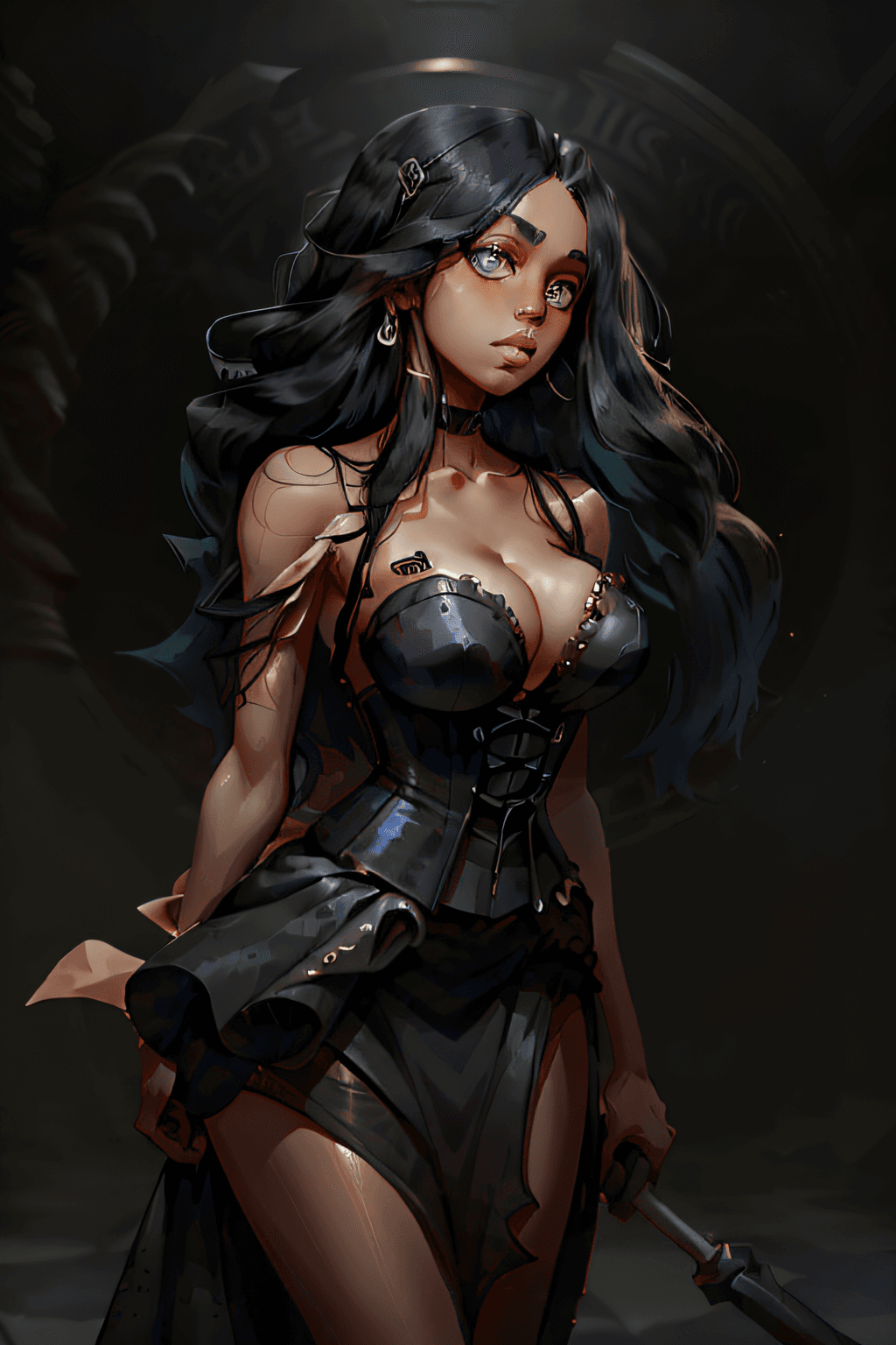 AI generated: 1girl, solo, blush, breasts, long hair, simple background, dress, cleavage, medium breasts, standing...