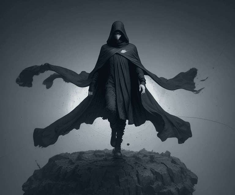 AI generated: levitating dark cloaked figure with Nike swoosh on cloak opening the void to infinity by Craig Mulli...