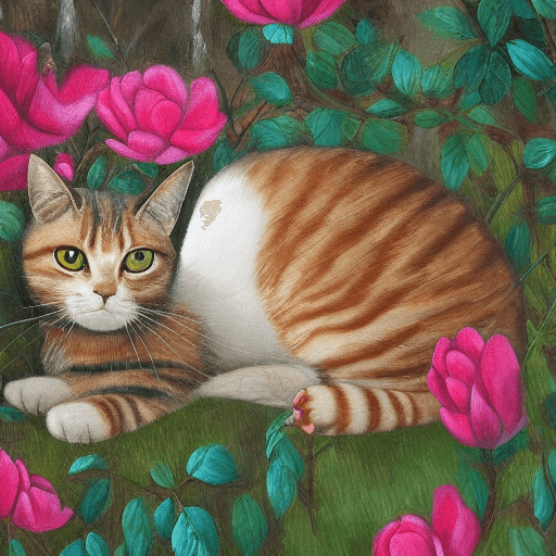AI generated: Una pintura de un gato con ojos Rosa 
sentado en un jardín de rosas, gato detallado, Arte detallado ...