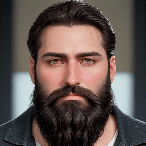 AI generated: Guy with dark beard poses for photo, medium-length dark hair combed back with wet affection, 40 year...