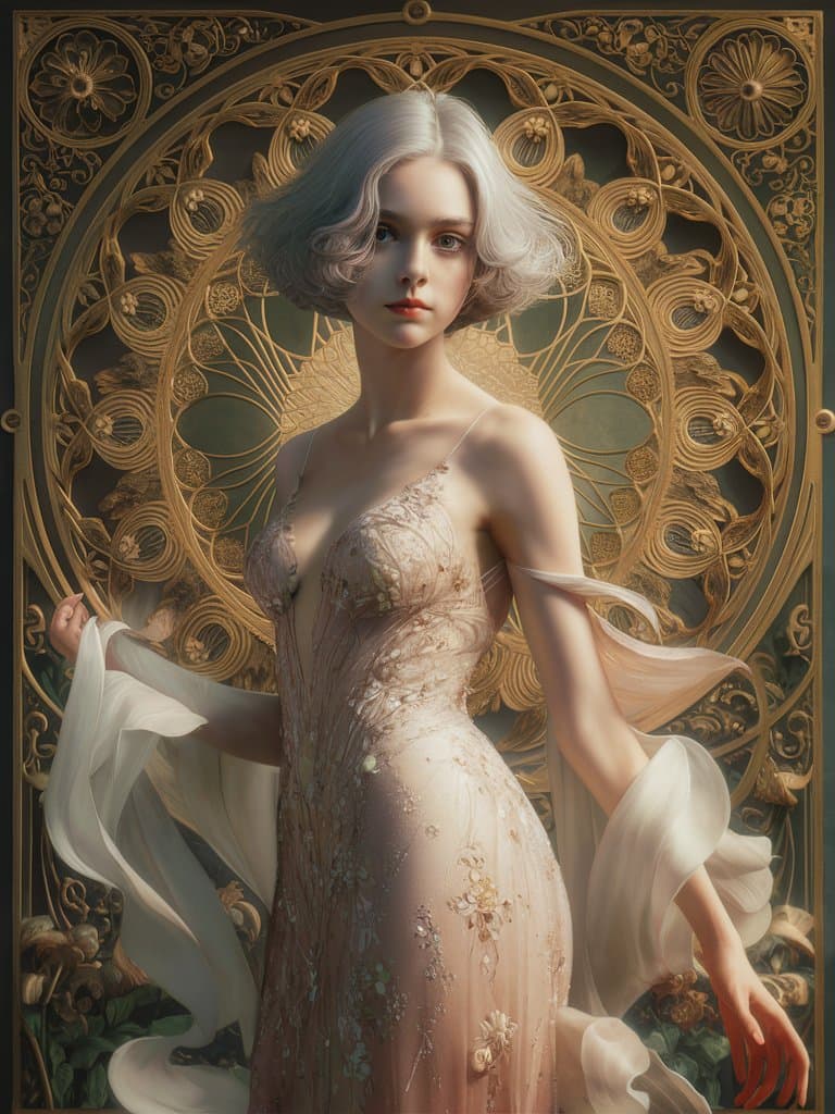 AI generated: A captivating portrait of a woman with short silver hair, in the style of Annie Leibovitz and Alphon...