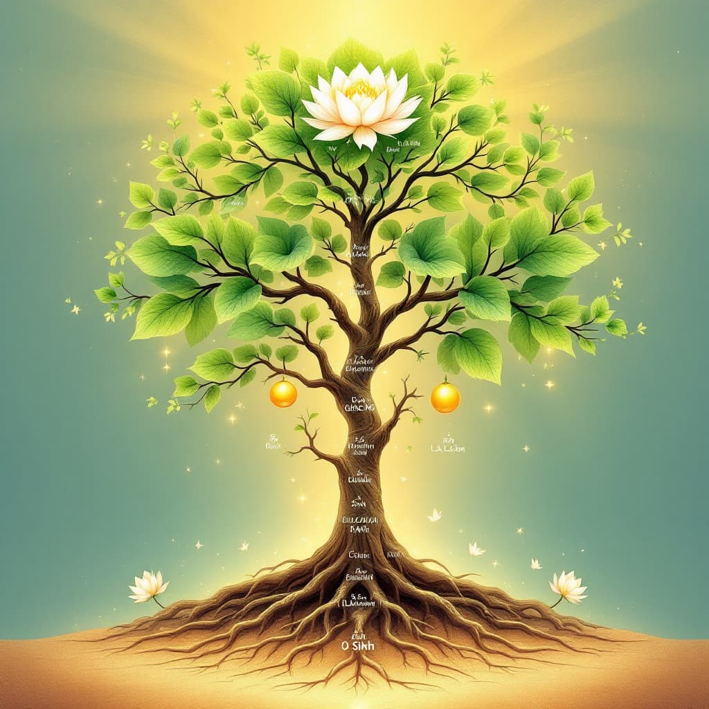 AI generated: "Vertical diagram of a beautiful spiritual tree called 'Cây Giác Ngộ – Tree of Enlightenment', inspi...
