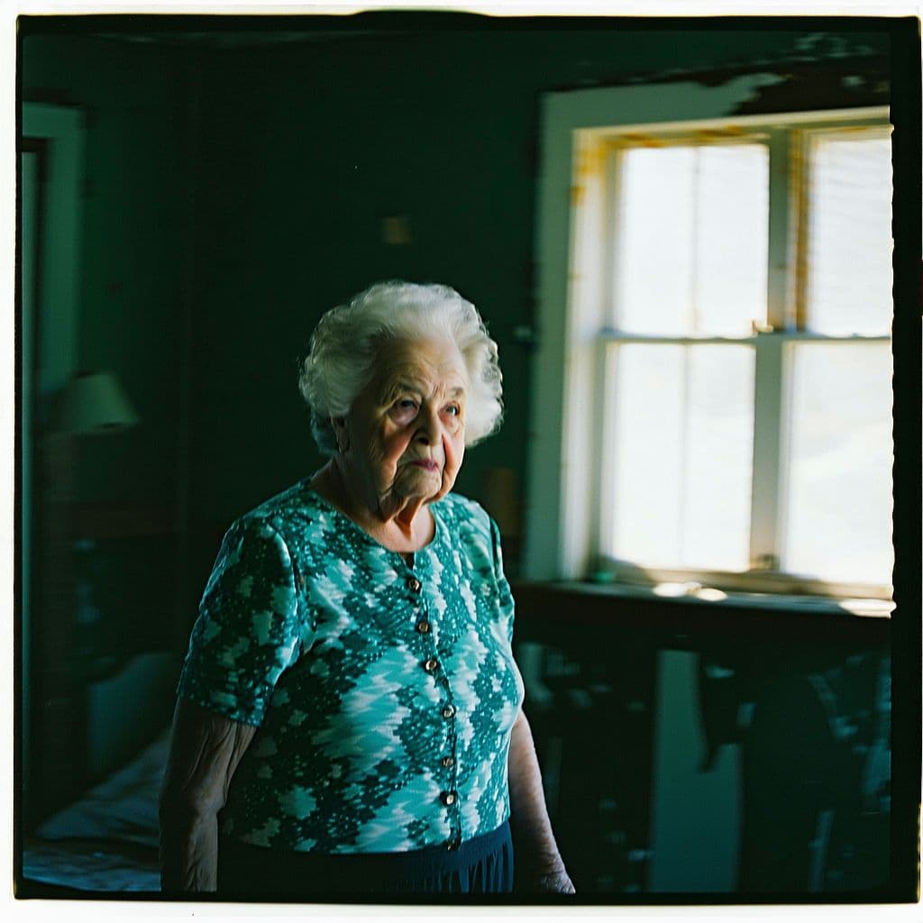 AI generated: slightly unnerving picture of grandma in abandoned house, 80s polaroid, fuzzy, dark