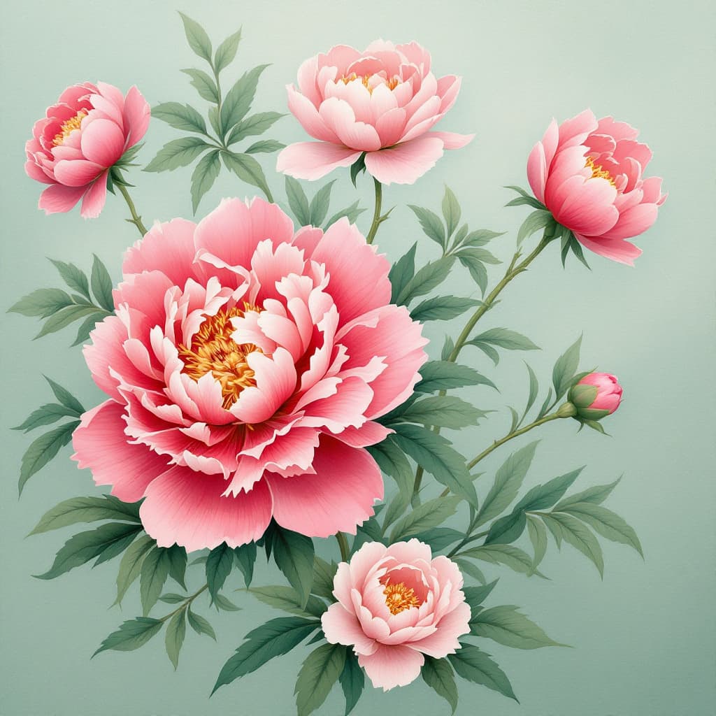 AI generated: Beautiful Chinese peonies decorate the soft light green canvas