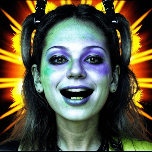 AI generated: early techno rave music inspired, , expressive face, sun flares on her happy party face, 