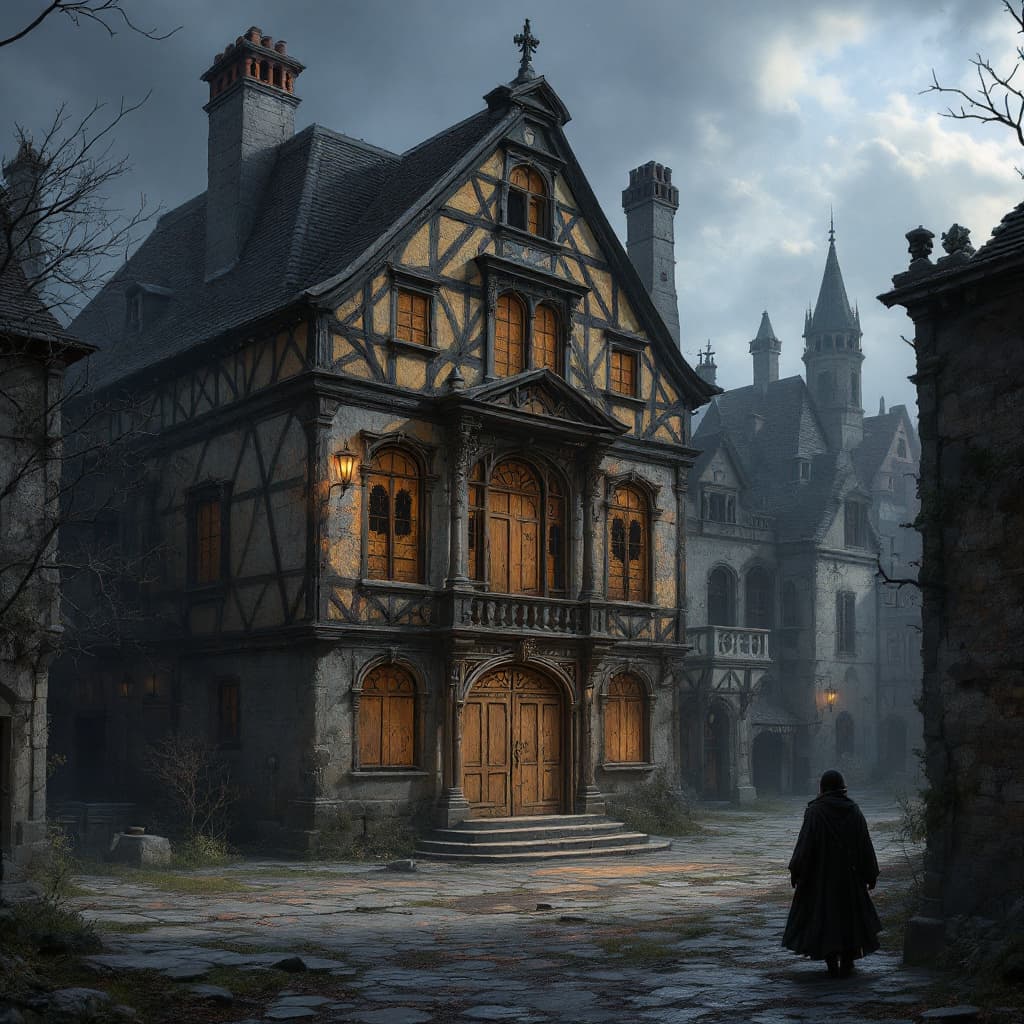 AI generated: Create an image for D&D dark fantasy of a french inspired medieval town. In the center of the is a r...