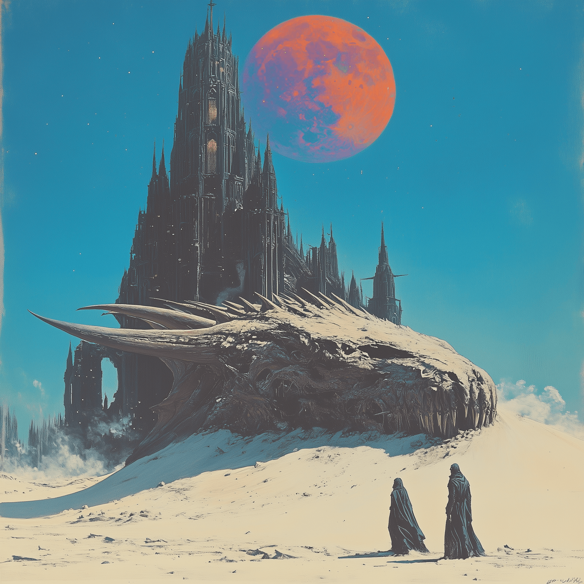 AI generated: A giant dragon head, half-buried in the sand, with a massive black gothic cathedral in the backgroun...