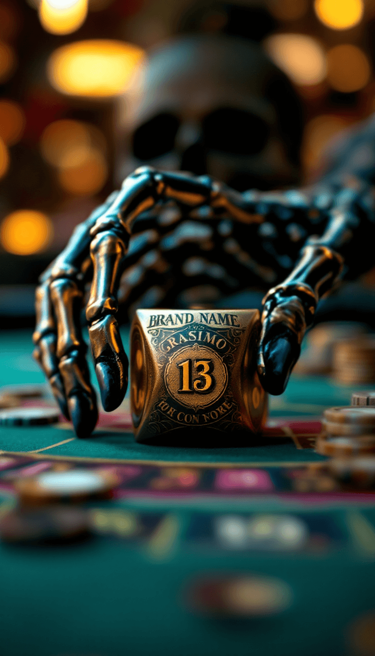 AI generated: Macroview of a ultrarealistic skeleton hand on a ultradetailed bronze dice labeled by a Brand name "...