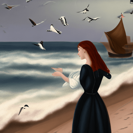 AI generated: A sad and melancholy woman on the seashore, seagulls flying, a ship passing in the distance, the ima...