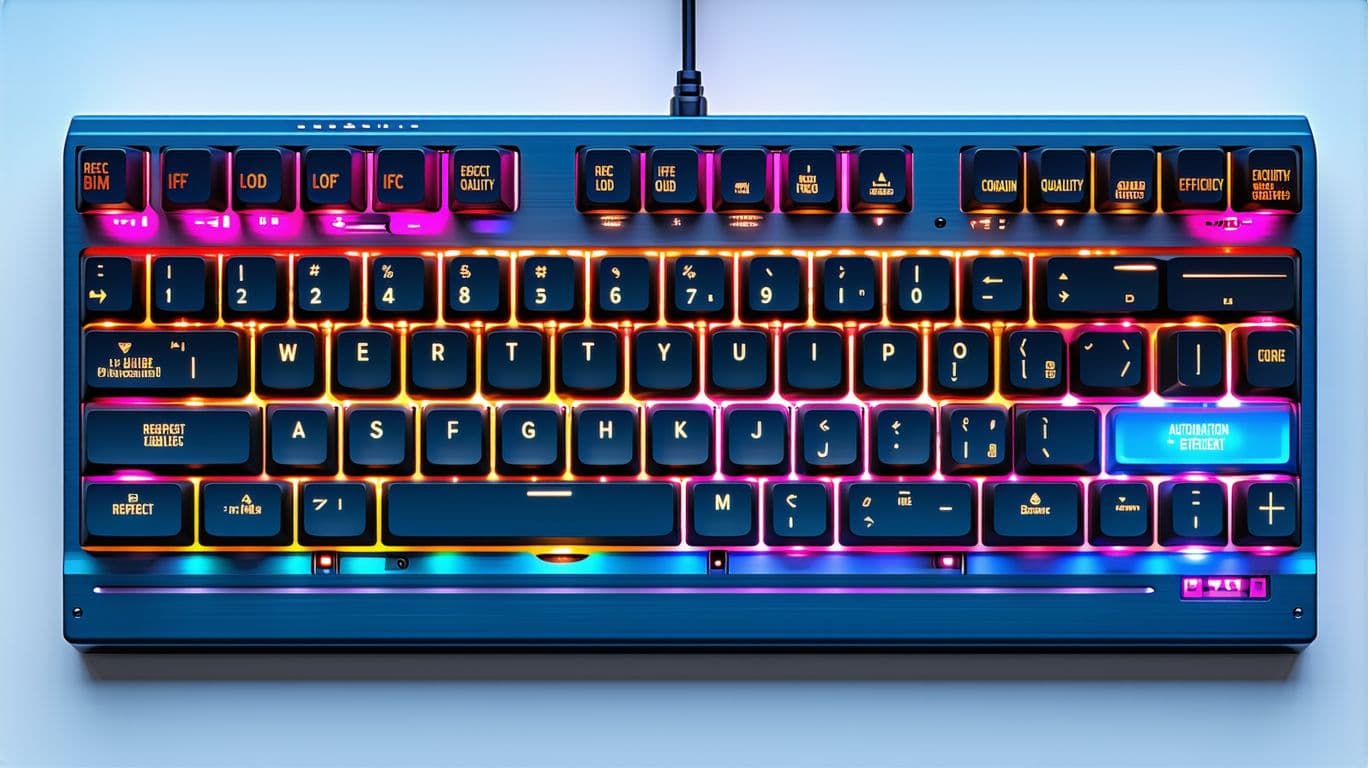 AI generated: Hyper-realistic front view of a full computer keyboard with soft RGB backlight. Some keys glow brigh...