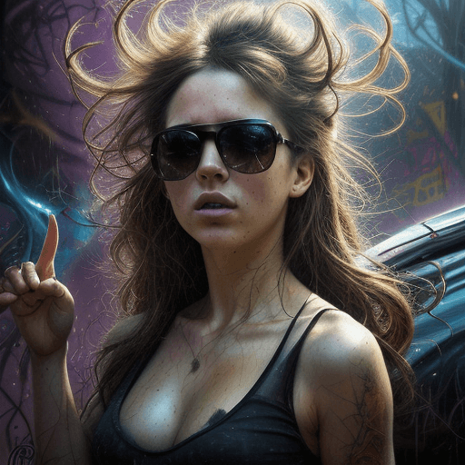 AI generated: Girl wearing sunglasses, in dynamic composition, finely artistic random pose, airbrush and graffiti ...