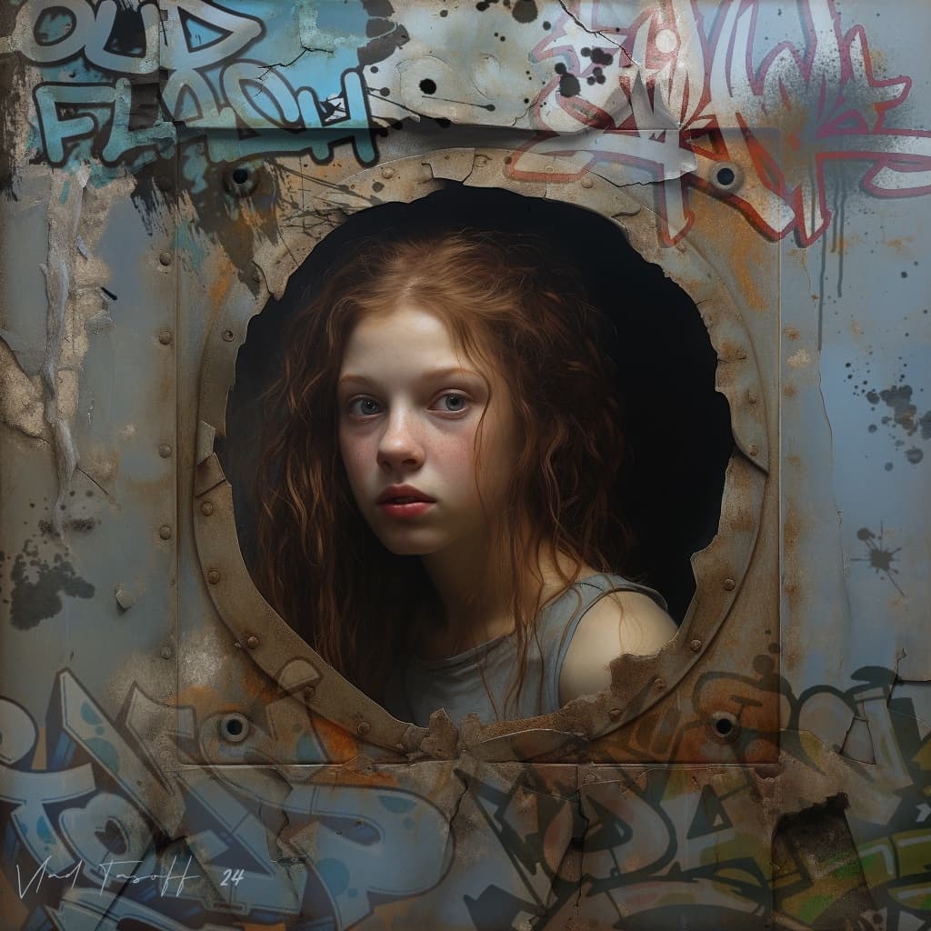 AI generated: a painting of a young girl in an old ship window, graffiti,  in the style of baroque sci-fi, bronze ...