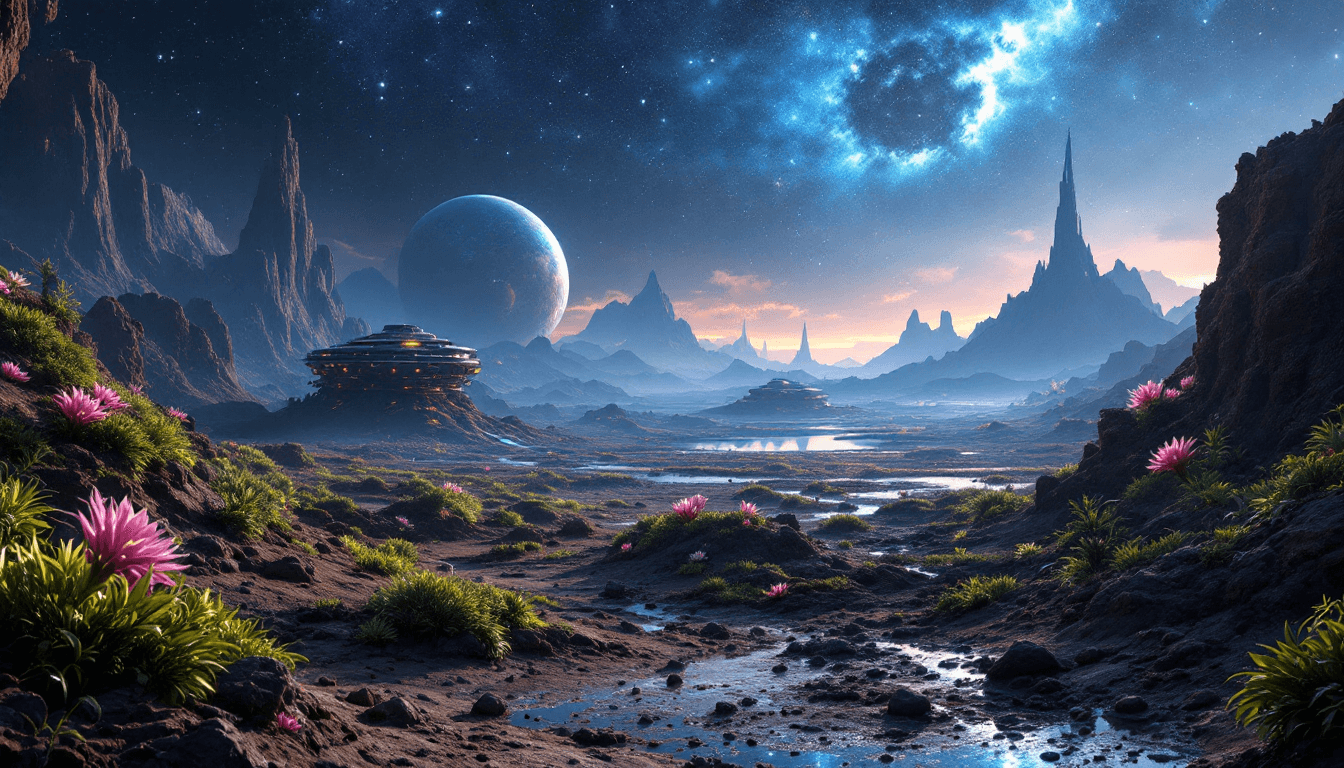 AI generated: (Terraformed alien mudworld) , Space base on the surface, High quality, 8K, Ultra HD, Highly detaile...