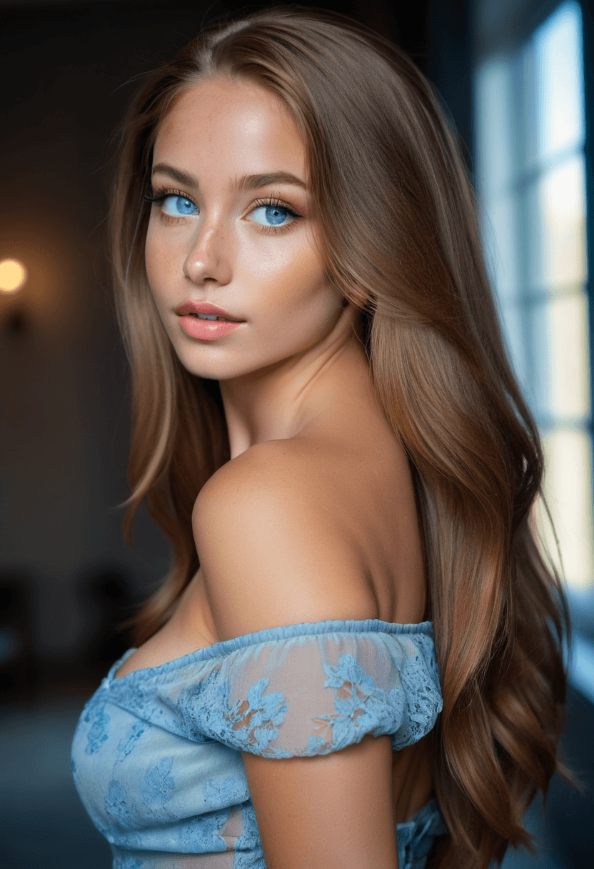 AI generated: HDR photo of beautiful young woman, from behind, looking over her shoulder, long bronze hair, light-...