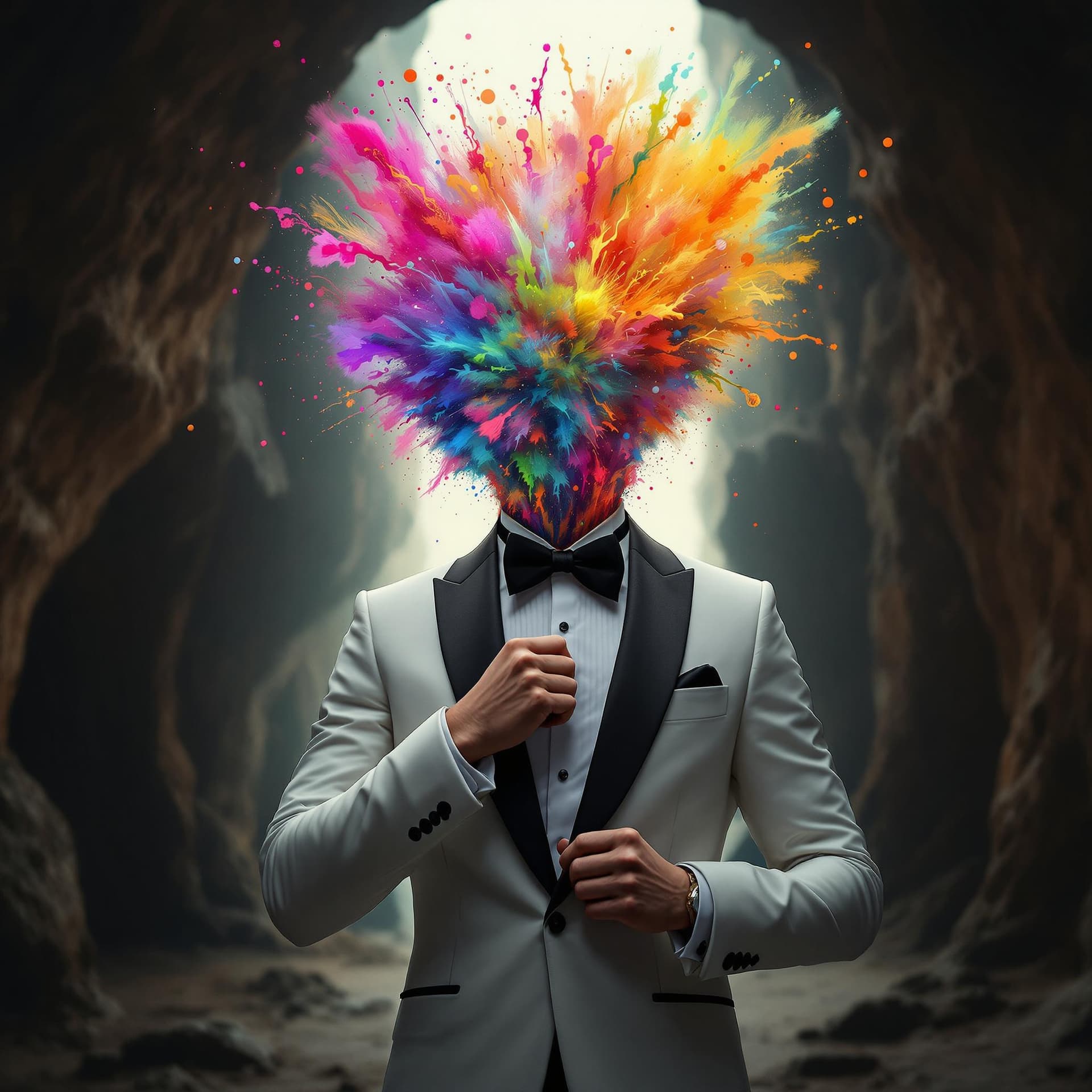 AI generated: A man standing in a tuxedo reaching to adjust his black tie and where his head should be is an explo...