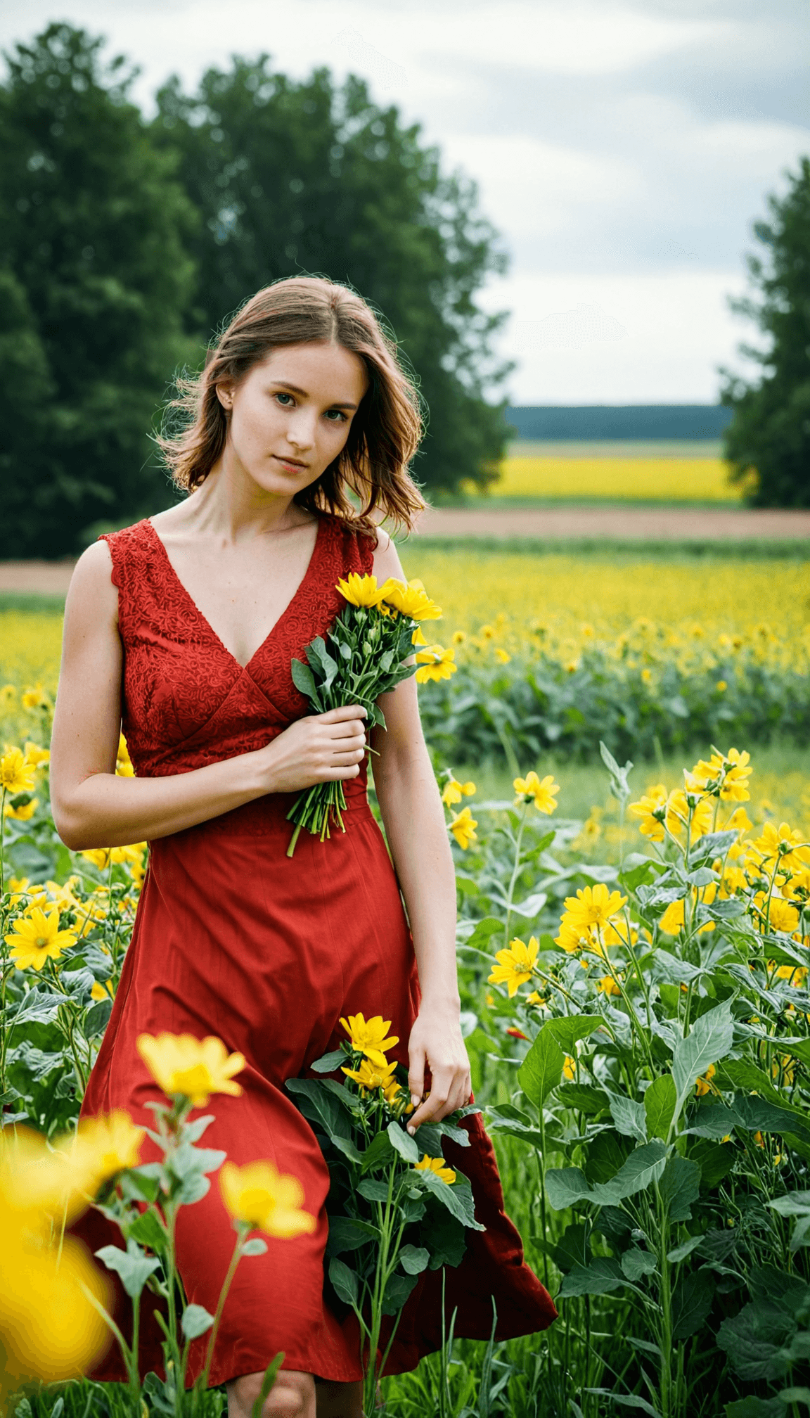 AI generated: cinematic photo pretty fresh young woman walking outdoors in a green field, wearing summer red dress...