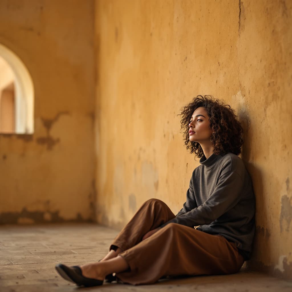AI generated: wide and low angle, cinematic, fashion photography for the brand Uniqlo. Woman sitting on floor wear...