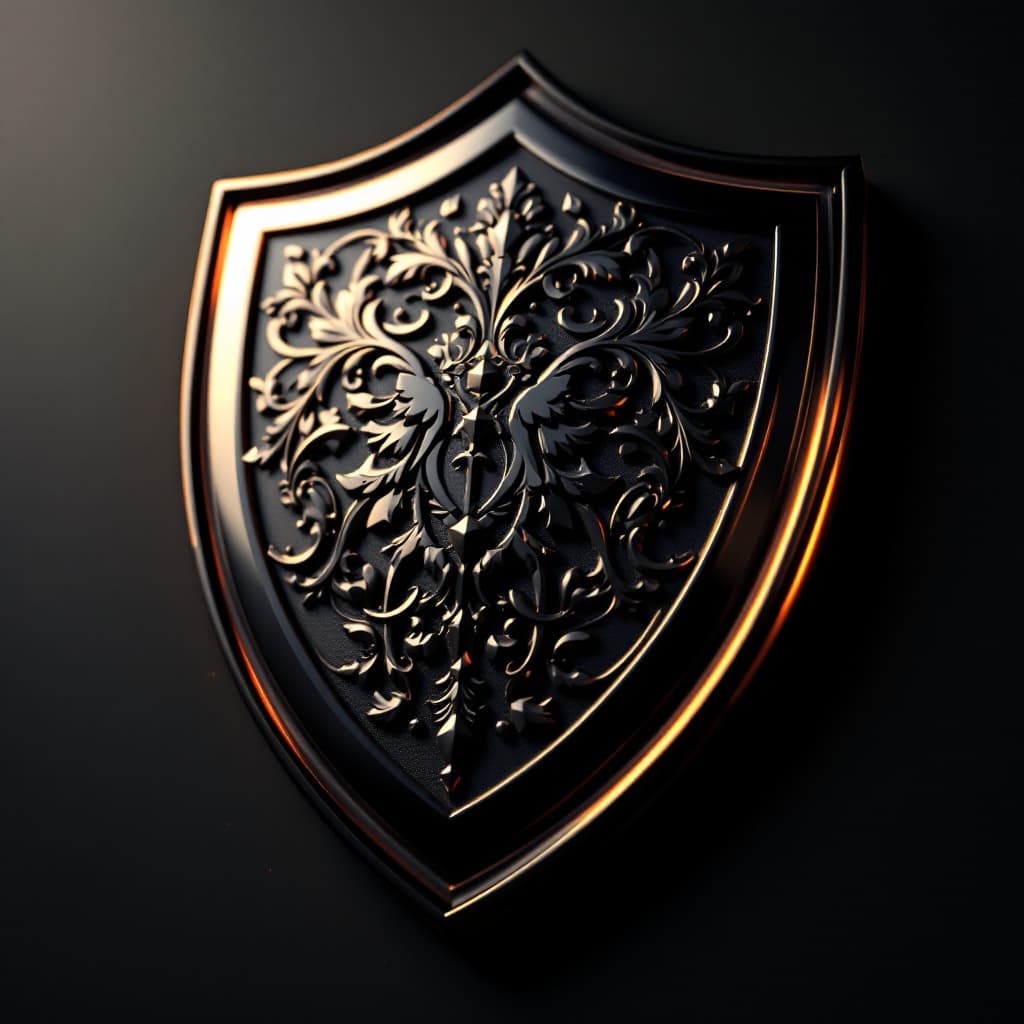 AI generated: A highly detailed cinematic shot focusing on a 3D shield emblem, representing a badge in shape of sh...