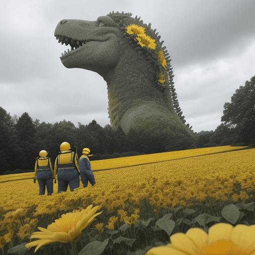 AI generated: A vintage photo shows a giant bidenzilla in the middle of a flower field, with workers wearing yello...