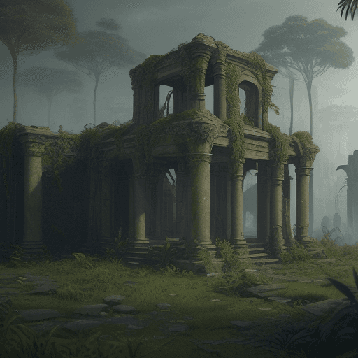 AI generated: Photo of a ultra realistic abandoned ancient city ruins, overgrown with vegetation, elf fantasy arch...